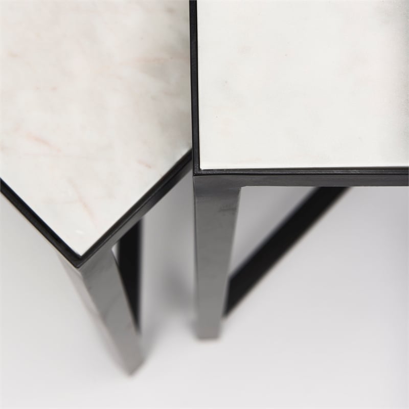 Pemberly Row 15x24 Set of Two Square Top White Marble & Black Iron Tables