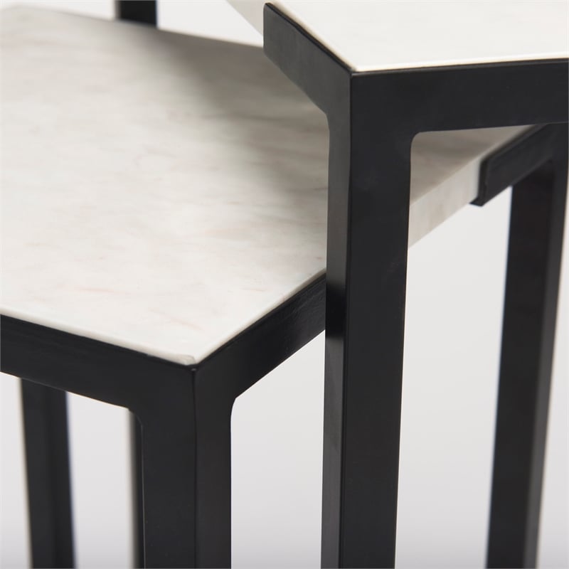 Pemberly Row 15x24 Set of Two Square Top White Marble & Black Iron Tables