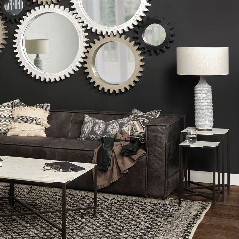 Pemberly Row 15x24 Set of Two Square Top White Marble & Black Iron Tables
