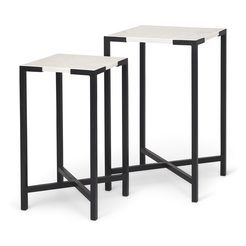 Pemberly Row 15x24 Set of Two Square Top White Marble & Black Iron Tables
