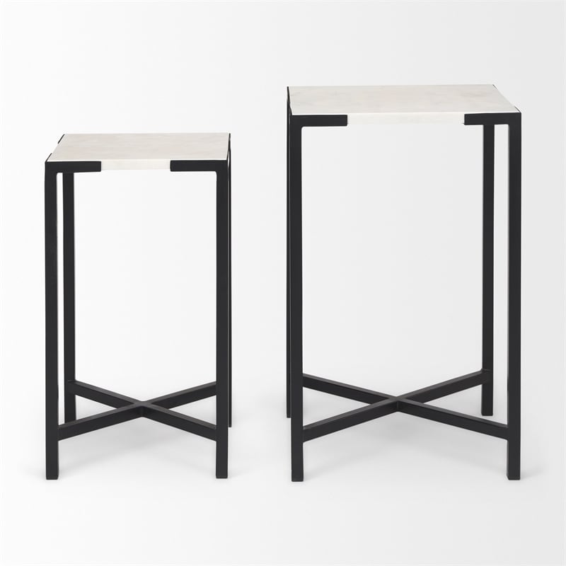 Pemberly Row 15x24 Set of Two Square Top White Marble & Black Iron Tables