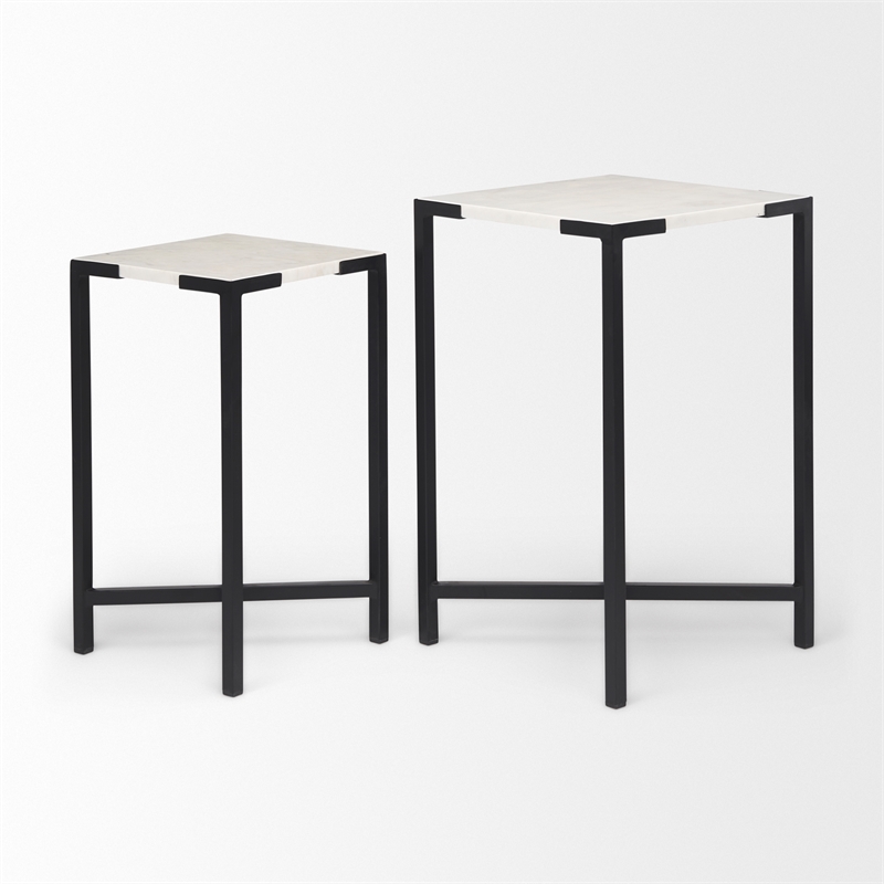Pemberly Row 15x24 Set of Two Square Top White Marble & Black Iron Tables