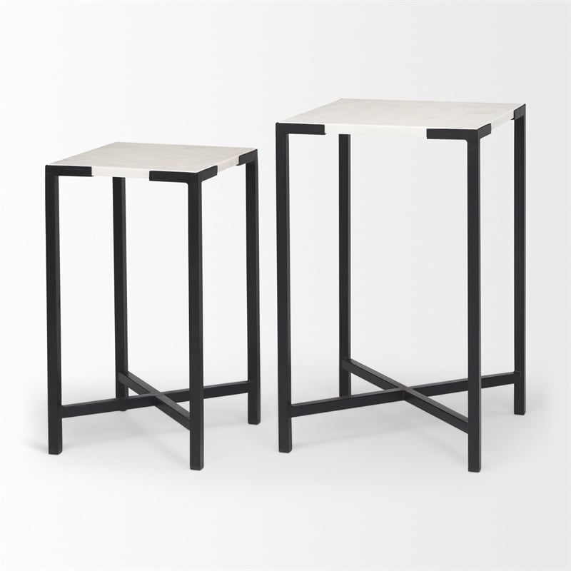 Pemberly Row 15x24 Set of Two Square Top White Marble & Black Iron Tables