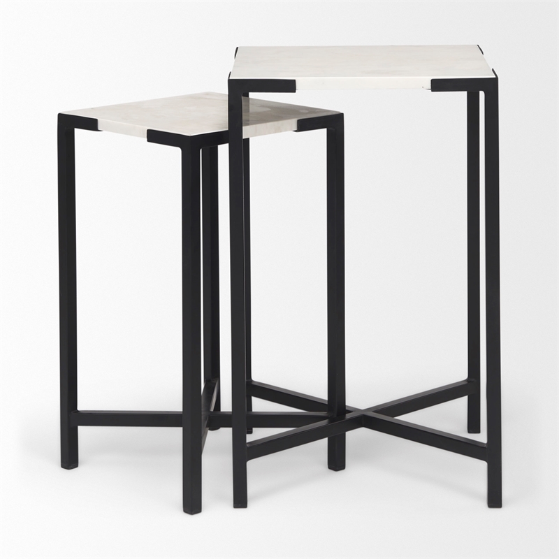 Pemberly Row 15x24 Set of Two Square Top White Marble & Black Iron Tables