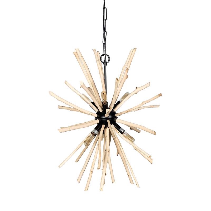 Pemberly Row 25x25 Blonde Brown Wood and Black Metal Six Bulb Pendant Light