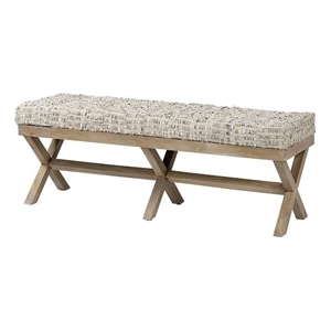 Pemberly Row 50x18 Light Brown Wood Base Beige-Toned Woven Cushion Bench