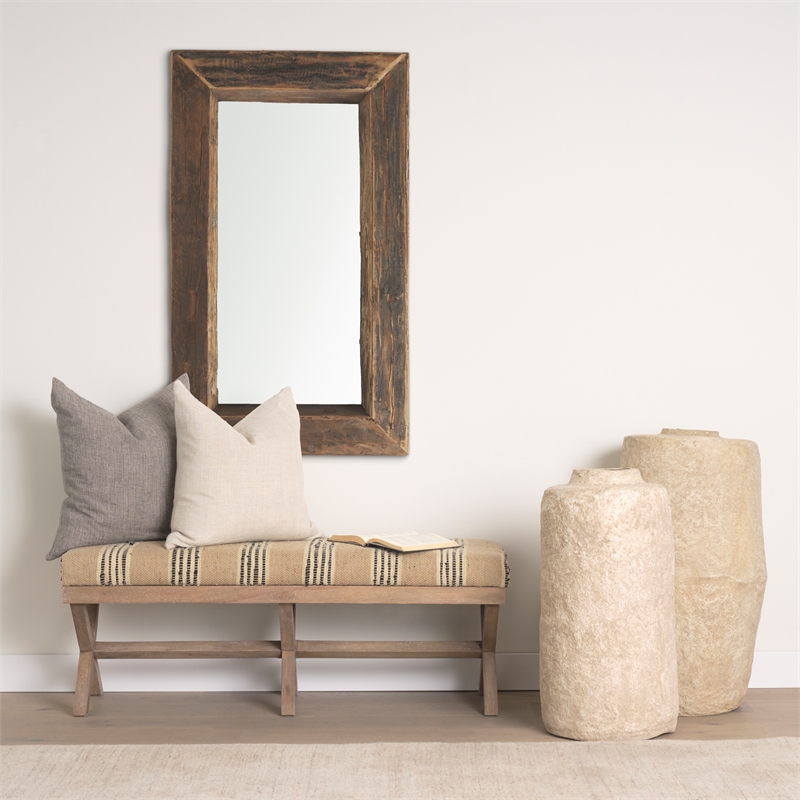 Pemberly Row 50Lx16W Brown Base Upholstered Beige/Black Stripe Seat Accent Bench