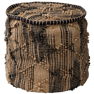 Pemberly Row Mid-Century Tan Jute Popcorn Stich Cylindrical Wool Pouf
