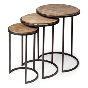 Pemberly Row Round Top Wood & Iron Nesting Tables in Brown (Set of 3)