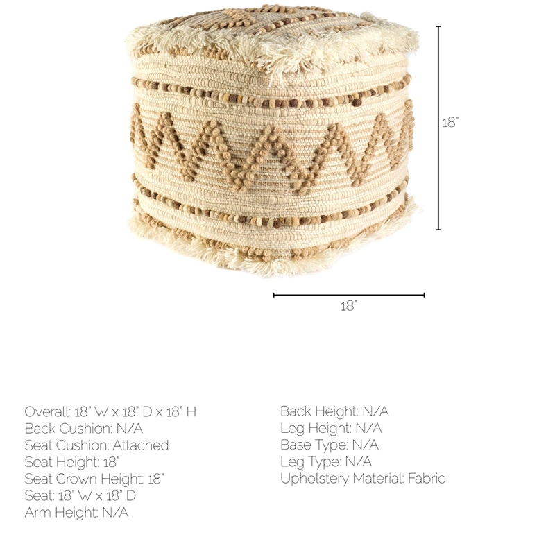 Pemberly Row Beige/Brown Wool Cotton and Felt Popcorn Stitch Square Pouf