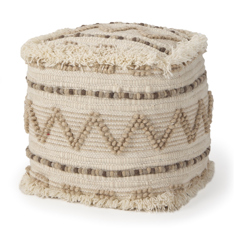 Pemberly Row Beige/Brown Wool Cotton and Felt Popcorn Stitch Square Pouf