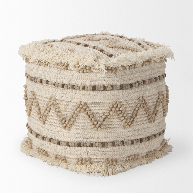 Pemberly Row Beige/Brown Wool Cotton and Felt Popcorn Stitch Square Pouf
