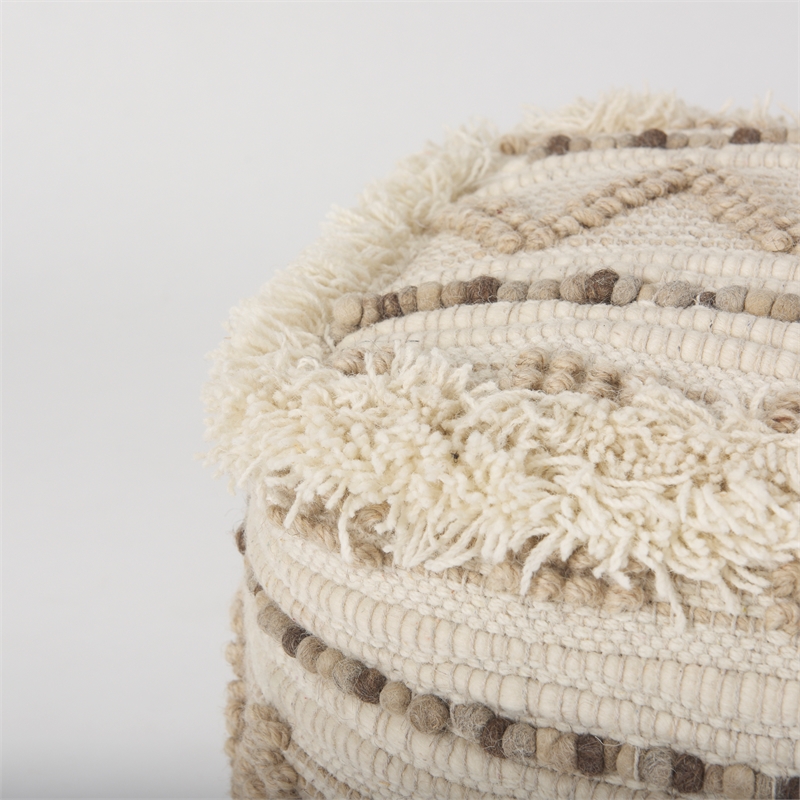 Pemberly Row Beige/Brown Wool Cotton and Felt Popcorn Stitch Square Pouf