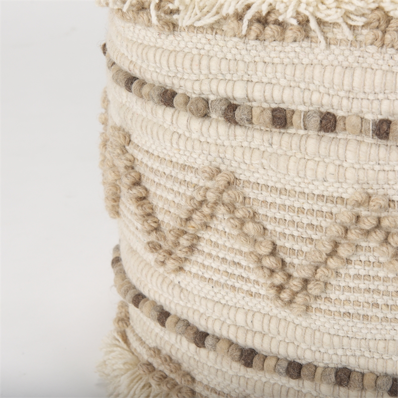 Pemberly Row Beige/Brown Wool Cotton and Felt Popcorn Stitch Square Pouf