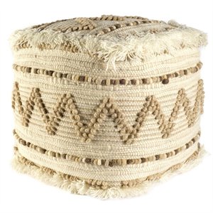 Pemberly Row Beige/Brown Wool Cotton and Felt Popcorn Stitch Square Pouf