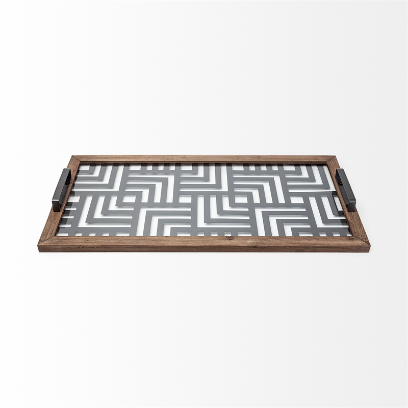 Pemberly Row Contemporary Brown Wood Metal and Glass Serving Tray