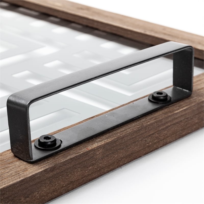 Pemberly Row Contemporary Brown Wood Metal and Glass Serving Tray