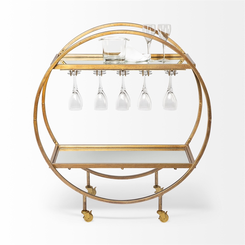 Pemberly Row Contemporary Metal Frame 2-Tier Bar Cart in Gold