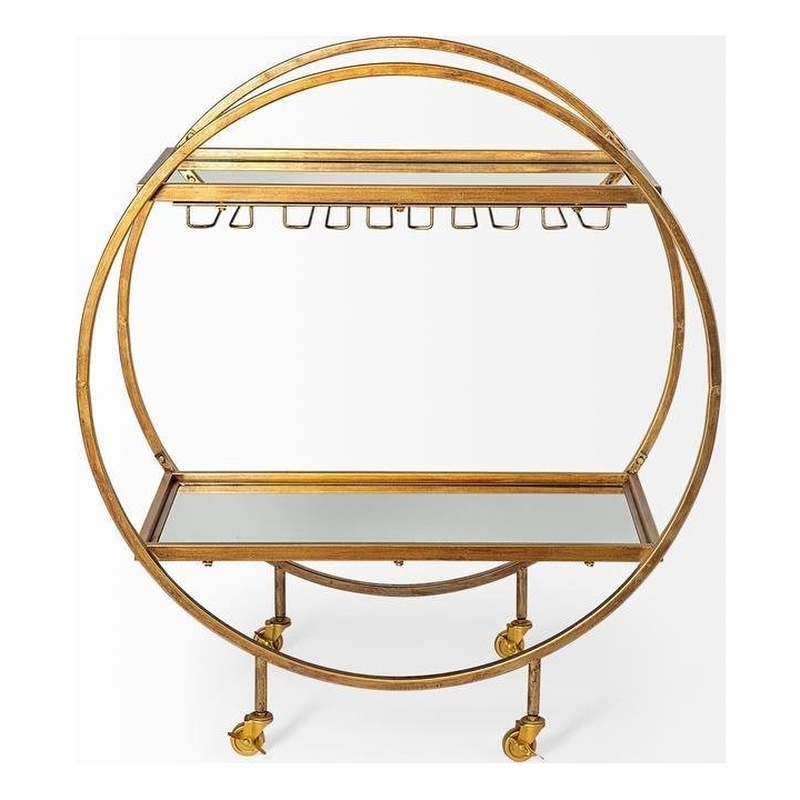 Pemberly Row Contemporary Metal Frame 2-Tier Bar Cart in Gold