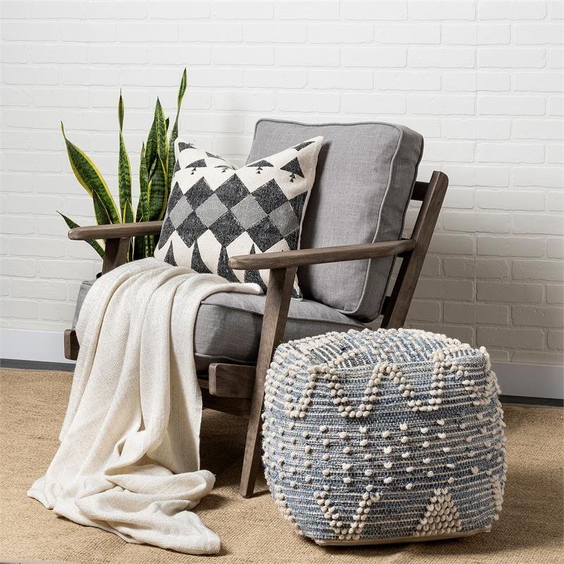 Pemberly Row Blue Denim and Ivory Cotton Stitched Square Pouf