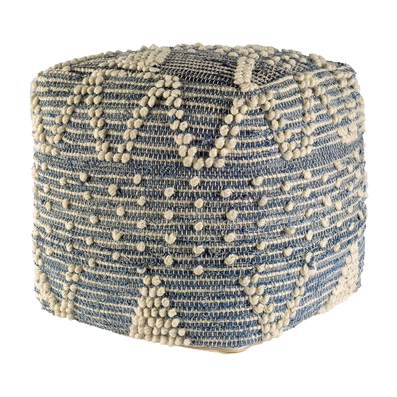 Pemberly Row Blue Denim and Ivory Cotton Stitched Square Pouf