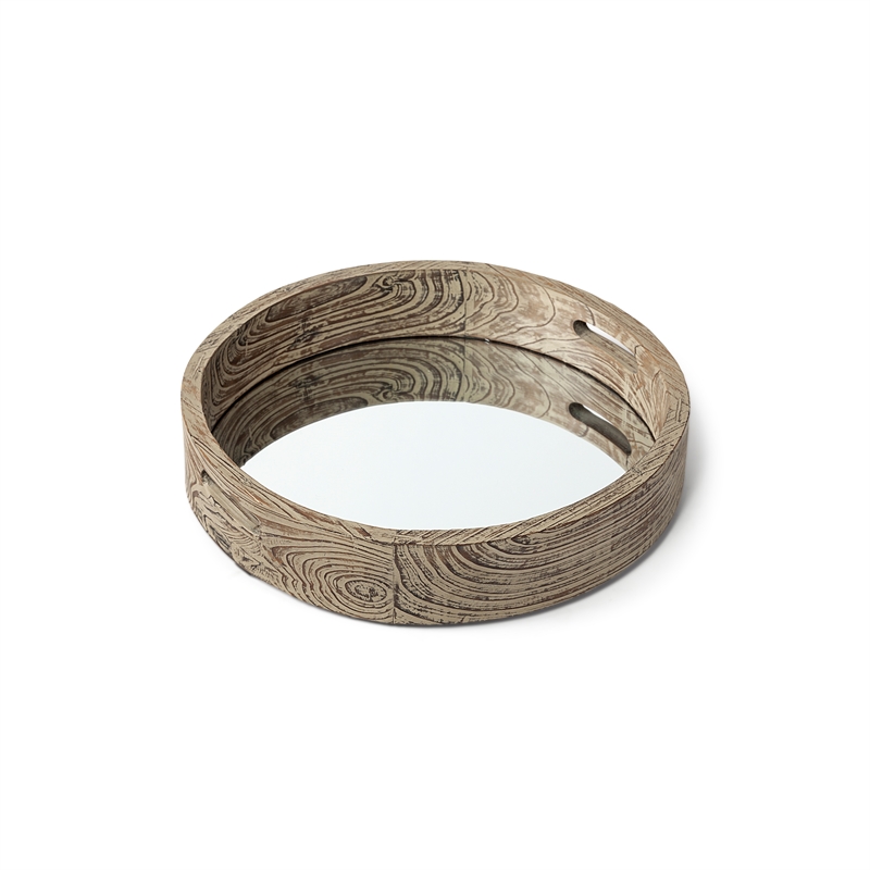 Pemberly Row Modern Farmhouse Small Brown Wood Mirrored Base Tray
