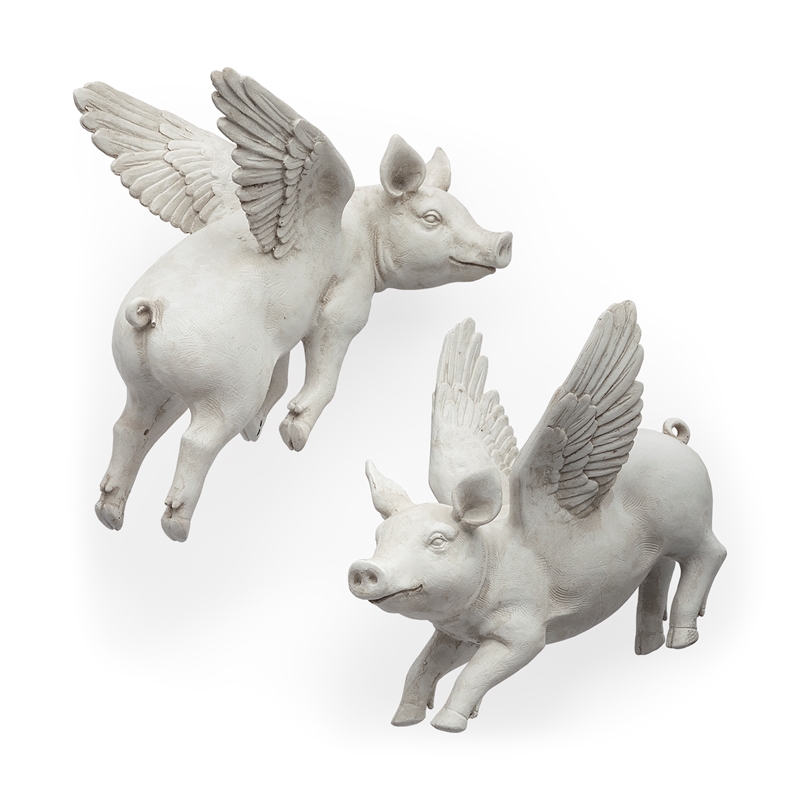Pemberly Row Modern / Contemporary Set of 2 White Resin Flying Pigs