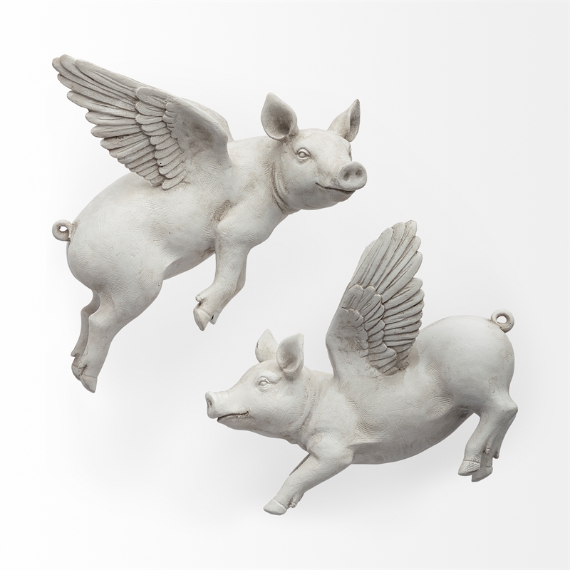 Pemberly Row Modern / Contemporary Set of 2 White Resin Flying Pigs