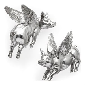 Pemberly Row Modern Farmhouse Set of 2 Silver Resin Flying Pigs