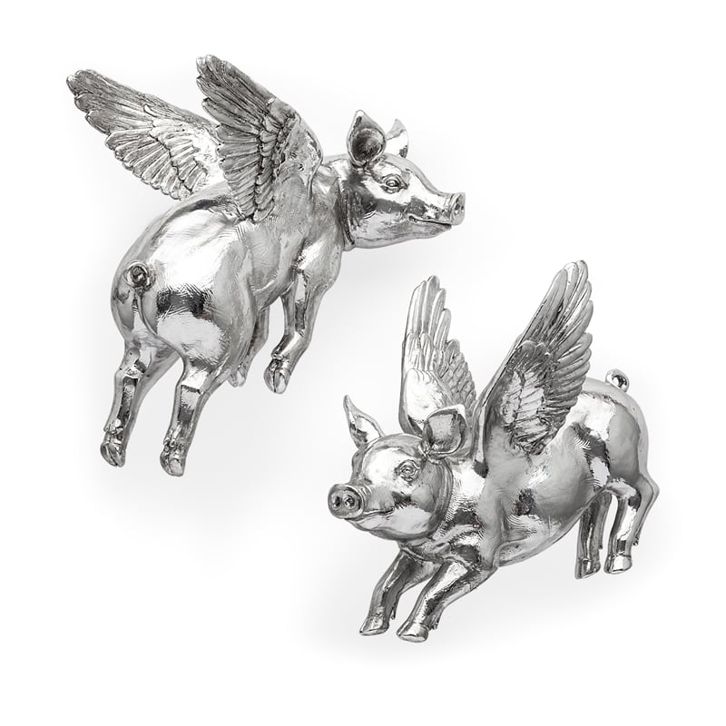 Pemberly Row Modern Farmhouse Set of 2 Silver Resin Flying Pigs