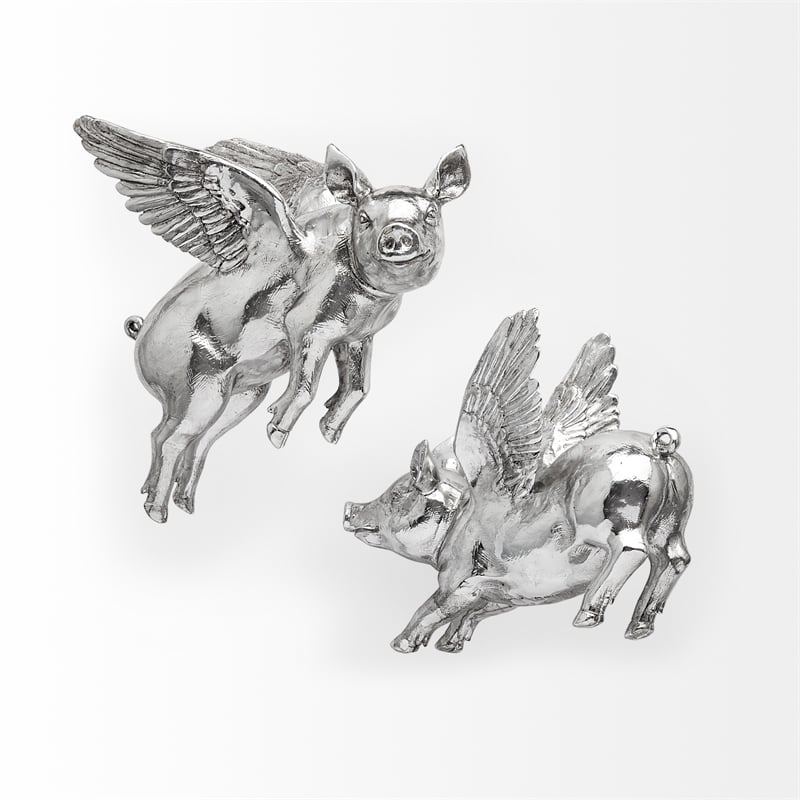 Pemberly Row Modern Farmhouse Set of 2 Silver Resin Flying Pigs