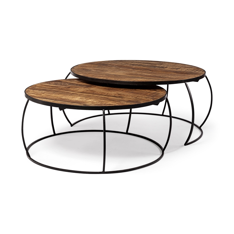 Pemberly Row Set of 2 Round Brown Wood Top Black Iron Base Nesting Coffee Tables