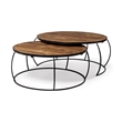 Pemberly Row Set of 2 Round Brown Wood Top Black Iron Base Nesting Coffee Tables