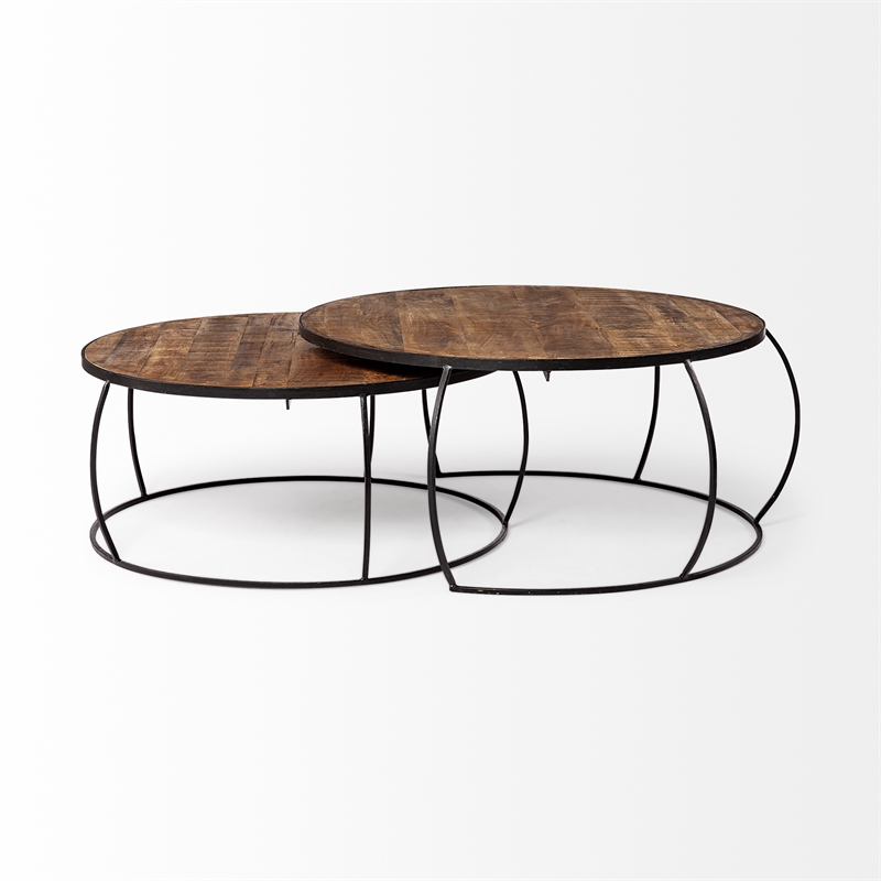 Pemberly Row Set of 2 Round Brown Wood Top Black Iron Base Nesting Coffee Tables