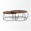 Pemberly Row Set of 2 Round Brown Wood Top Black Iron Base Nesting Coffee Tables