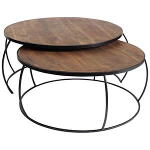 Pemberly Row Set of 2 Round Brown Wood Top Black Iron Base Nesting Coffee Tables