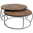 Pemberly Row Set of 2 Round Brown Wood Top Black Iron Base Nesting Coffee Tables