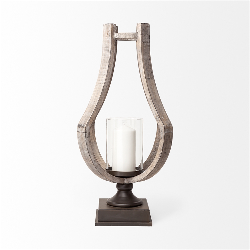 Pemberly Row Large Brown Rustic Wood/Metal Table Candle Holder