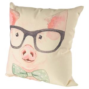 Pemberly Row 18x18 Pink Fabric Pig with Glasses Decorative Pillow Cover
