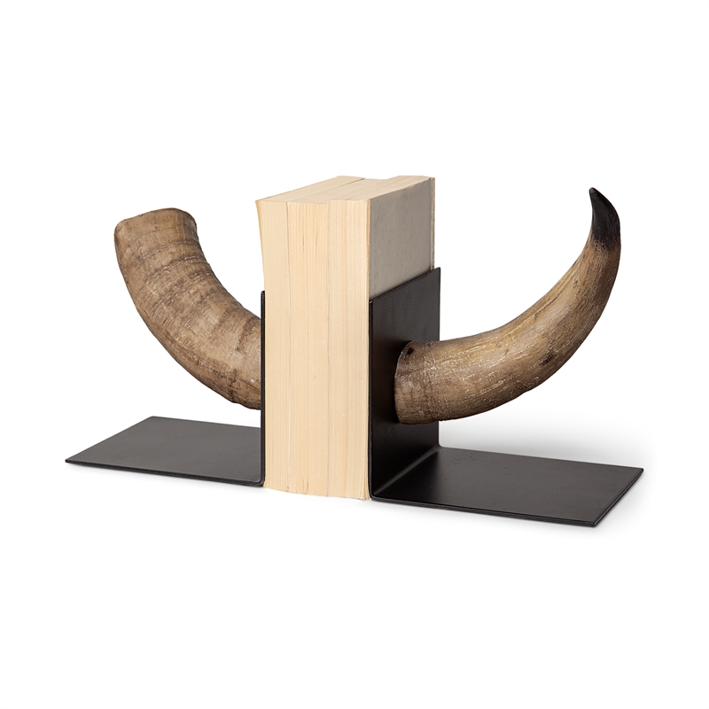 Pemberly Row Modern Farmhouse Brown Tones Resin Bull Horn Bookend