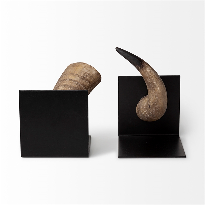 Pemberly Row Modern Farmhouse Brown Tones Resin Bull Horn Bookend