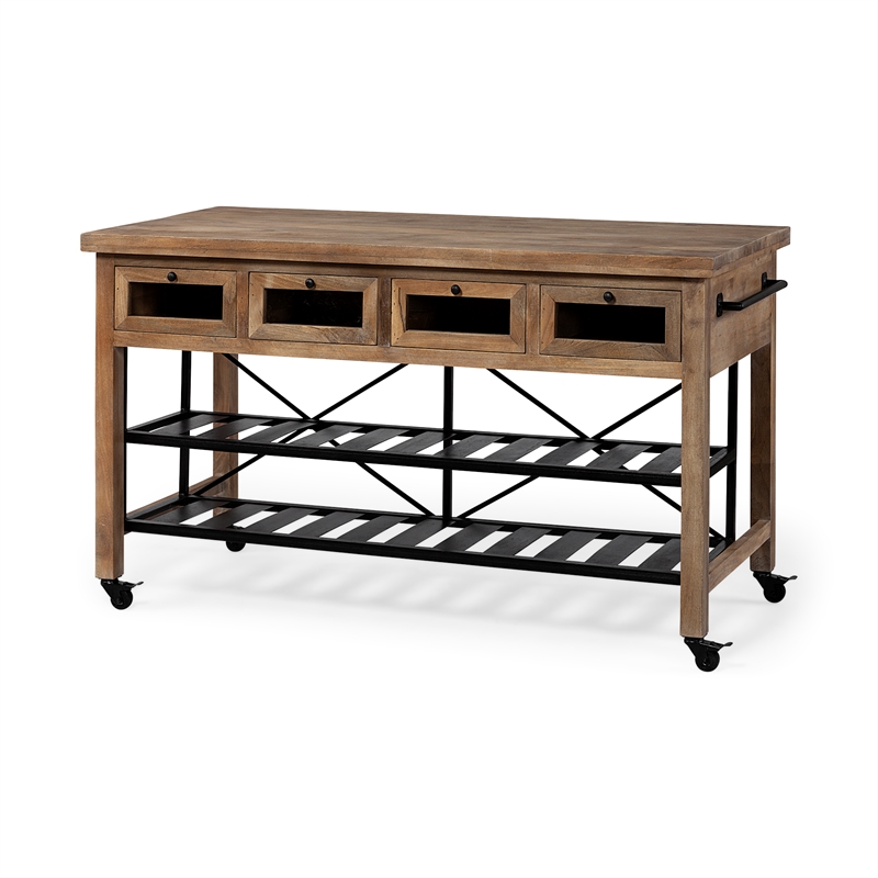 Pemberly Row Solid Wood Two-Tier Metal Rolling Kitchen Island in Brown