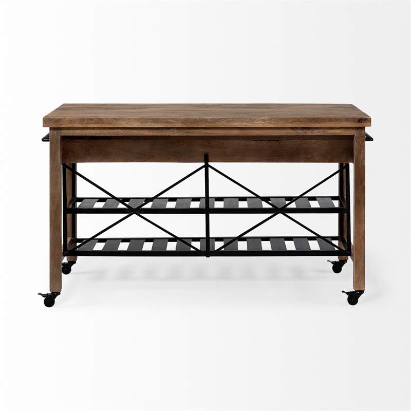 Pemberly Row Solid Wood Two-Tier Metal Rolling Kitchen Island in Brown