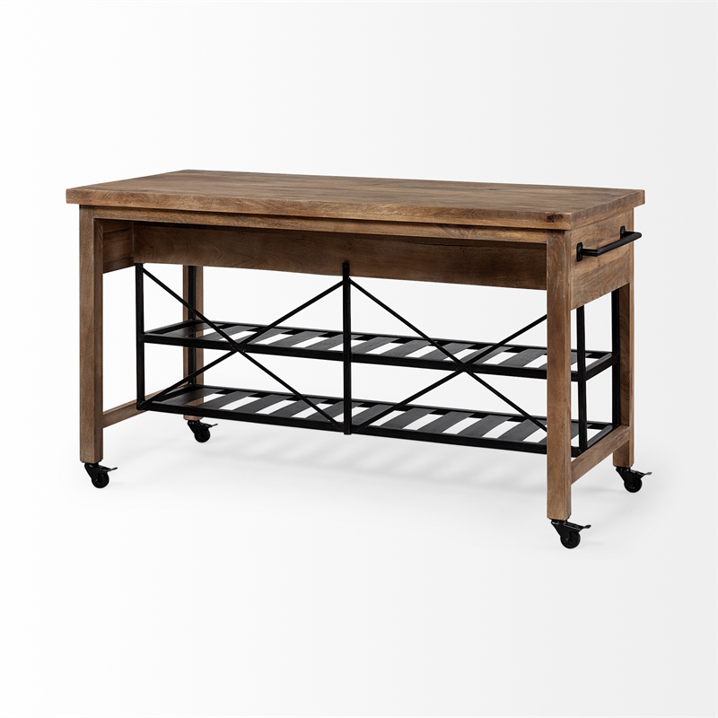 Pemberly Row Solid Wood Two-Tier Metal Rolling Kitchen Island in Brown