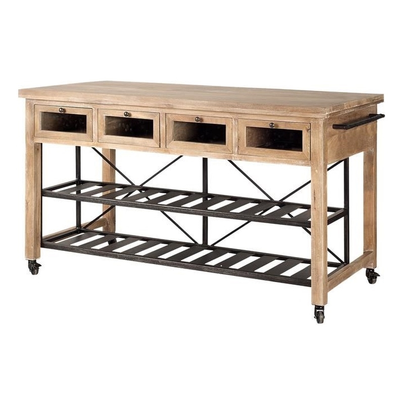 Pemberly Row Solid Wood Two-Tier Metal Rolling Kitchen Island in Brown