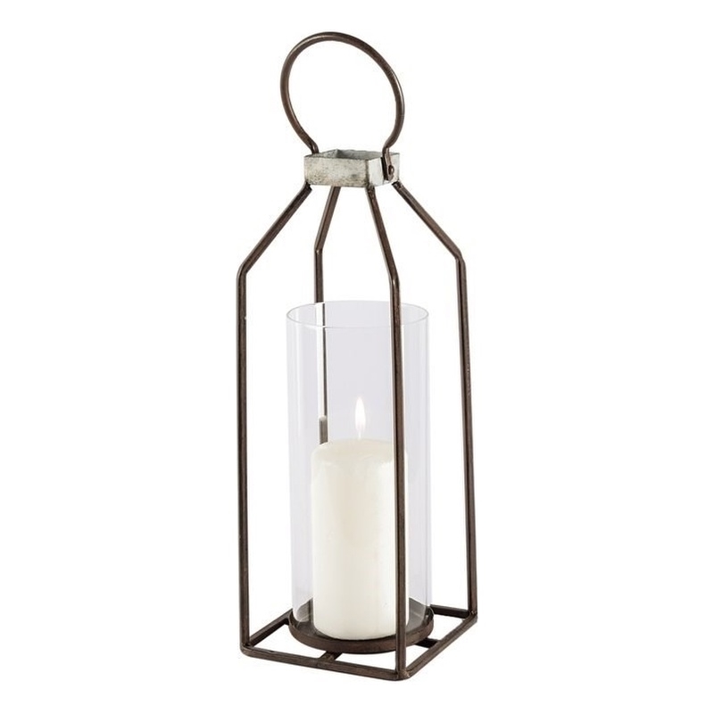 Pemberly Row Small Rustic Brown and Silver Metal Framed Table Lantern