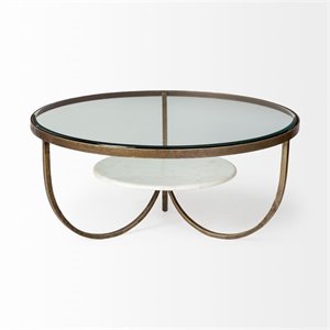 Pemberly Row 36&quot Round Clear Glass Top Marble Shelf Gold Base Coffee Table