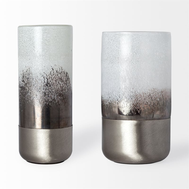 Pemberly Row Tall White Brushed Silver Metal Bottom Glass Vase
