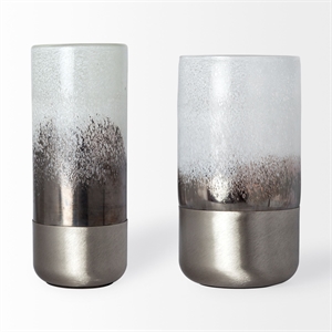 Pemberly Row Tall White Brushed Silver Metal Bottom Glass Vase