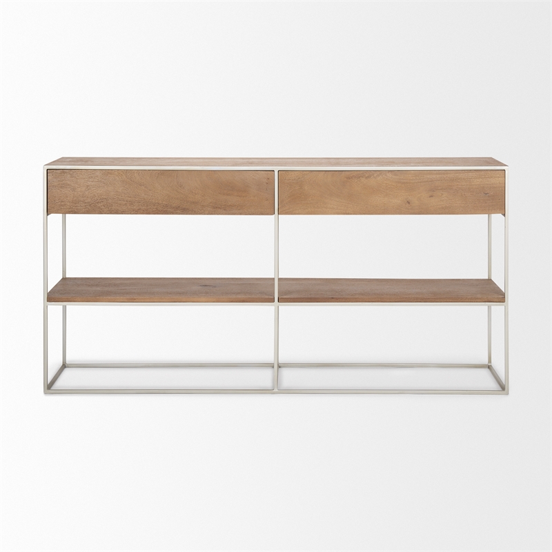 Pemberly Row 63x15 Brown Wood and Silver Metal Frame Two Drawer Sideboard